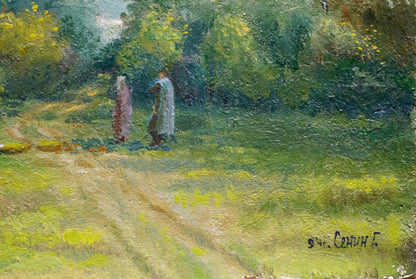 Oil painting Road to the forest Senin G soft-focus figures on dappled path