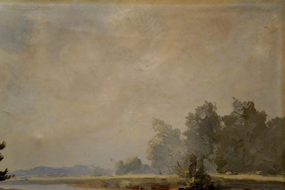 Quiet calm day oil painting of impressionistic landscape with hazy sky and silhouetted trees