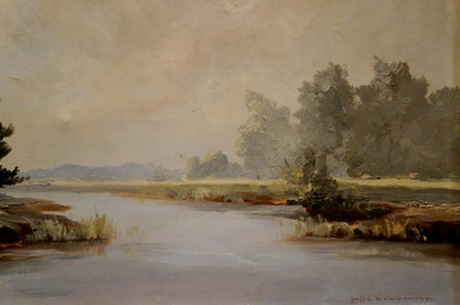 Quiet calm day oil painting of impressionistic river landscape