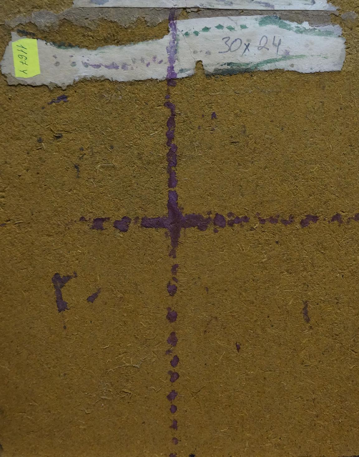Back of oil painting Road to the forest Senin G with brown textured surface, purple dotted cross markings and handwritten measurements on white label