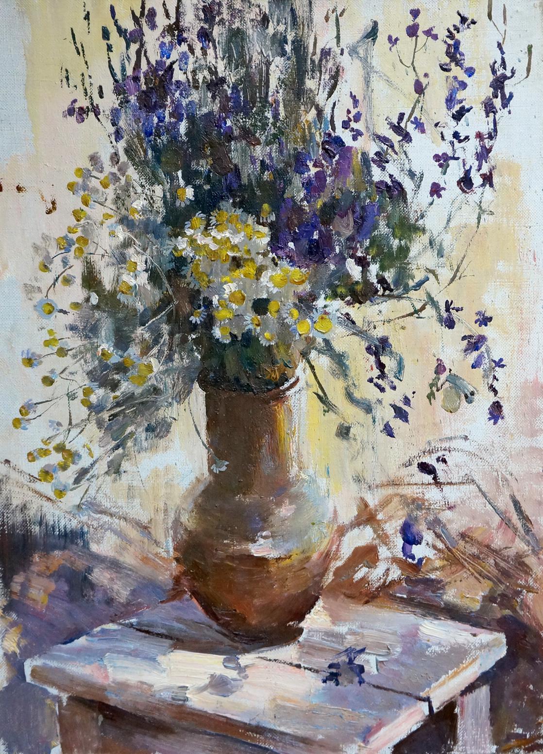 Oil painting by Lyudmila Polyakova of bronze vase with purple yellow wildflowers