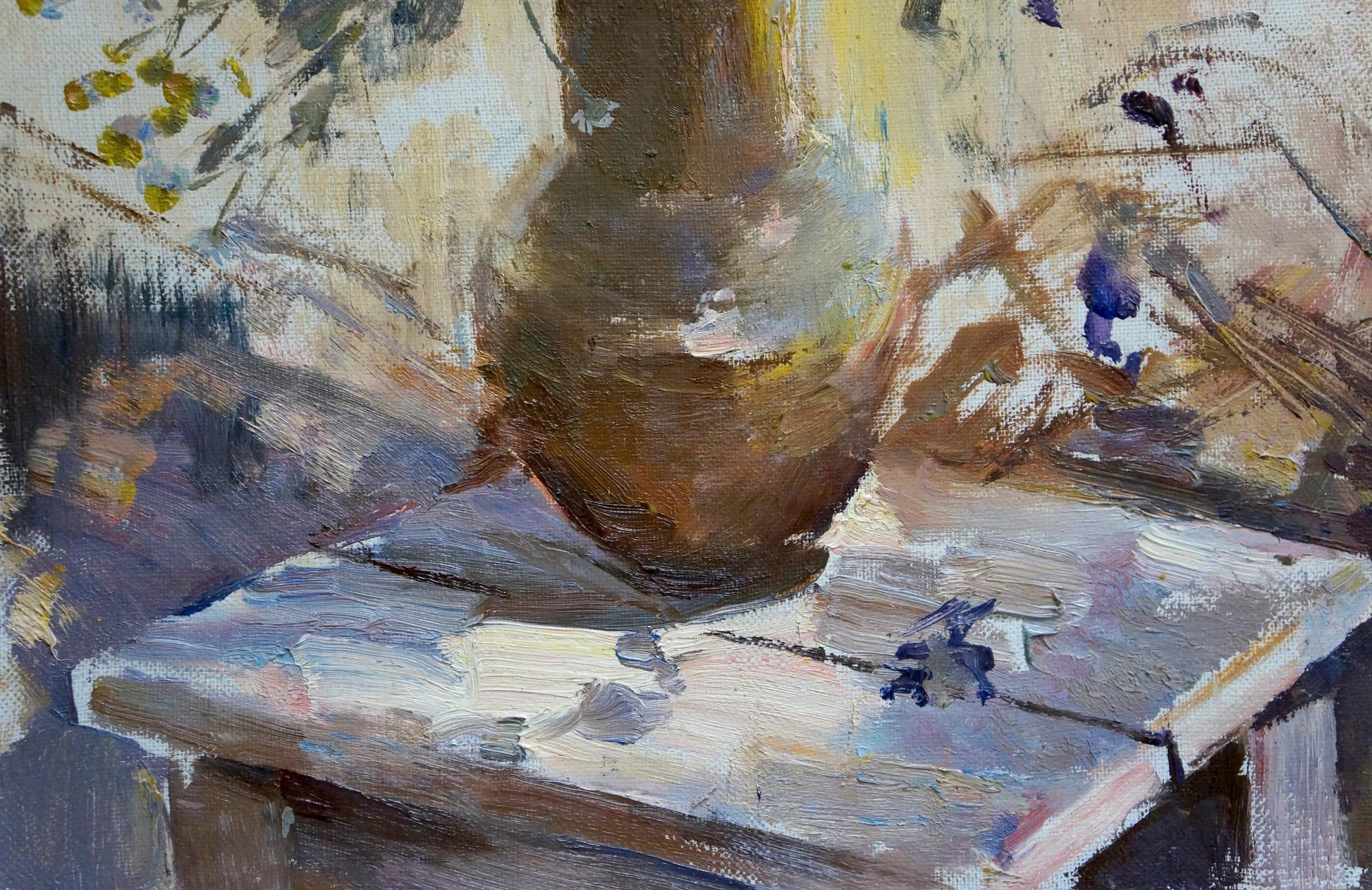 Oil painting Flowers Lyudmila Polyakova in rustic brown ceramic vase
