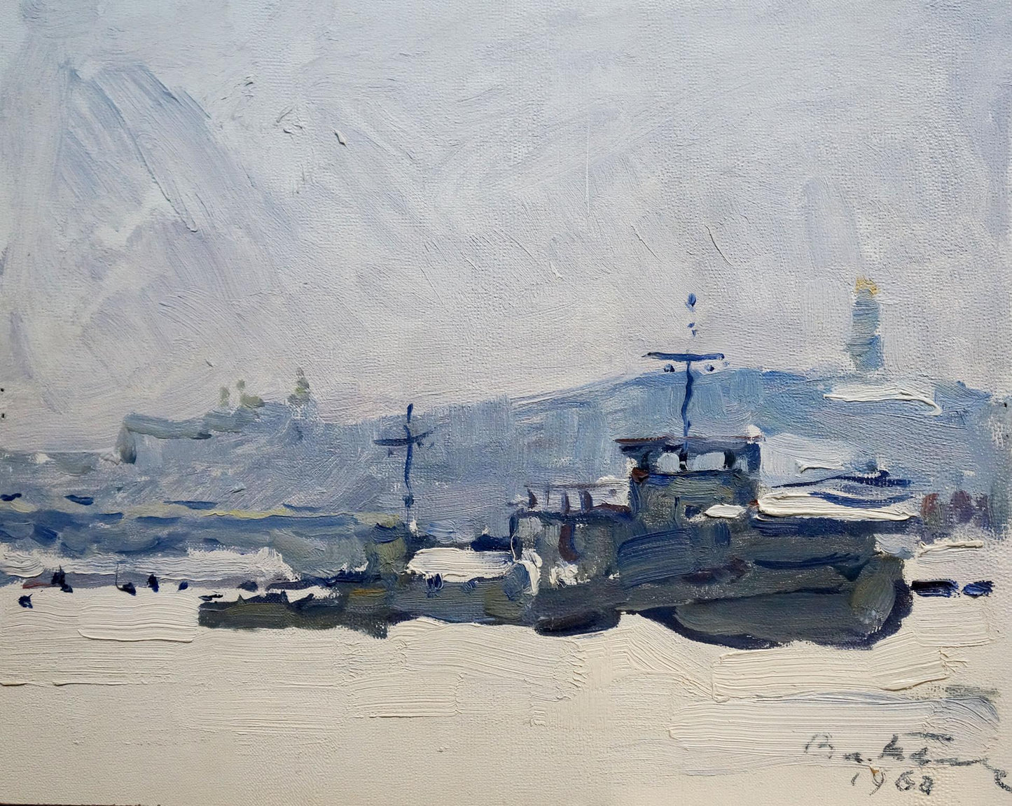 Oil painting In the port by Belyak Vladimir Iosifovich: snowy ship on hazy shore