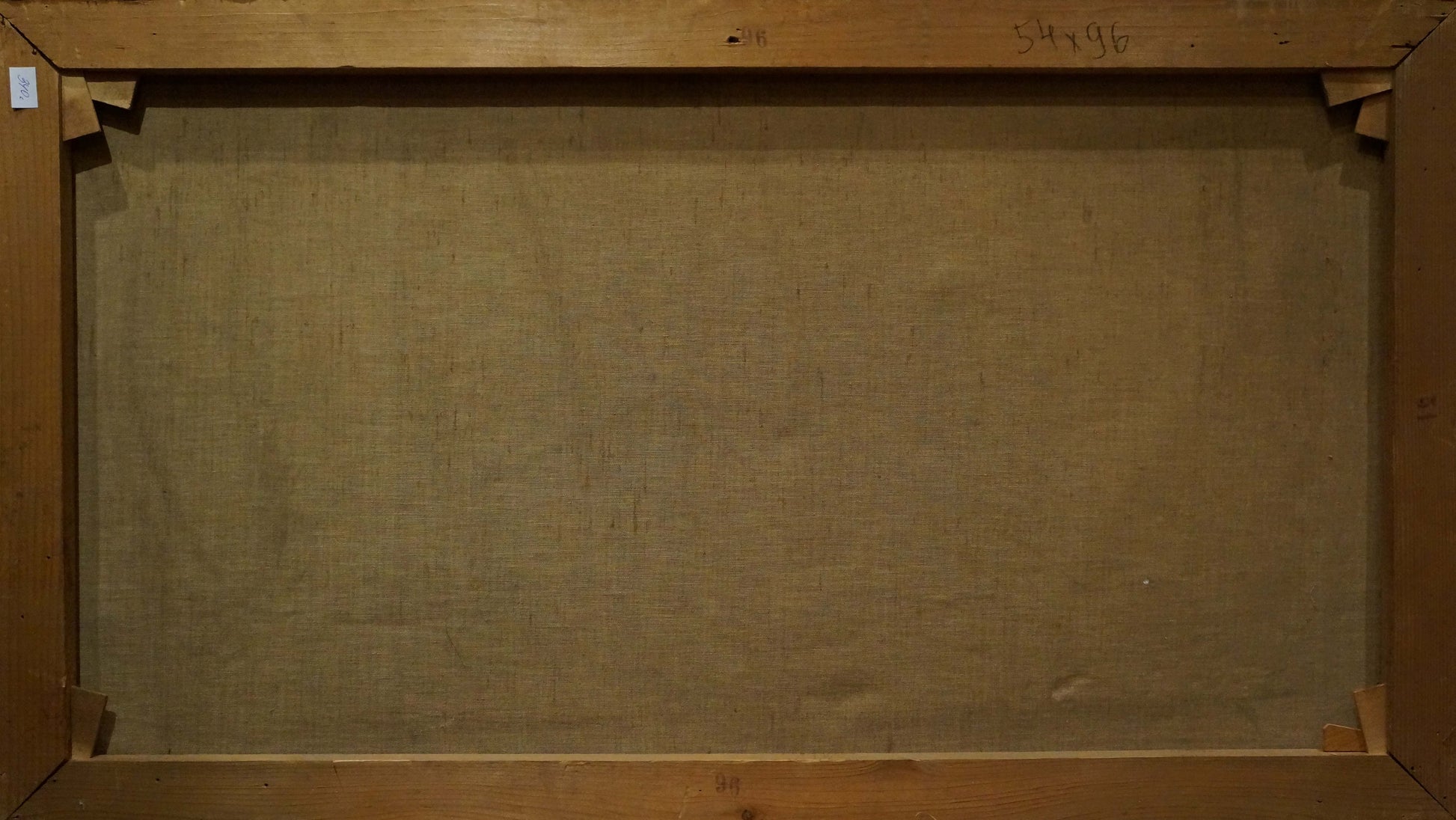 Back of Quiet Calm Day oil painting with wooden frame, beige linen and brackets