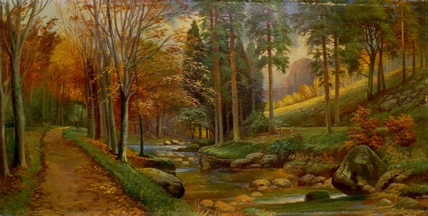 Oil painting Evening fairy forest: autumn path by rocky stream, vibrant foliage
