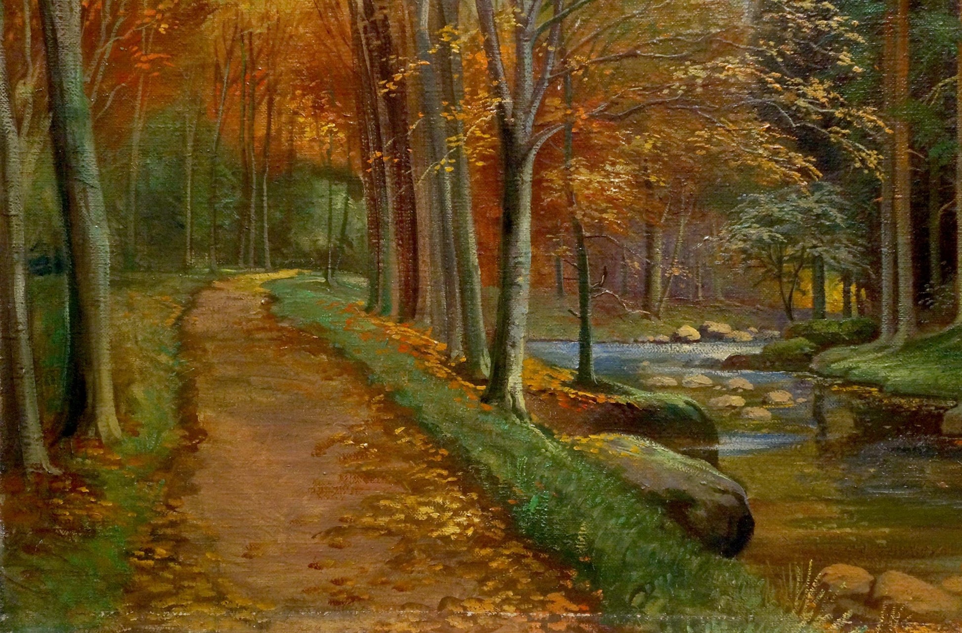 Oil painting of evening fairy forest with autumn path and stream