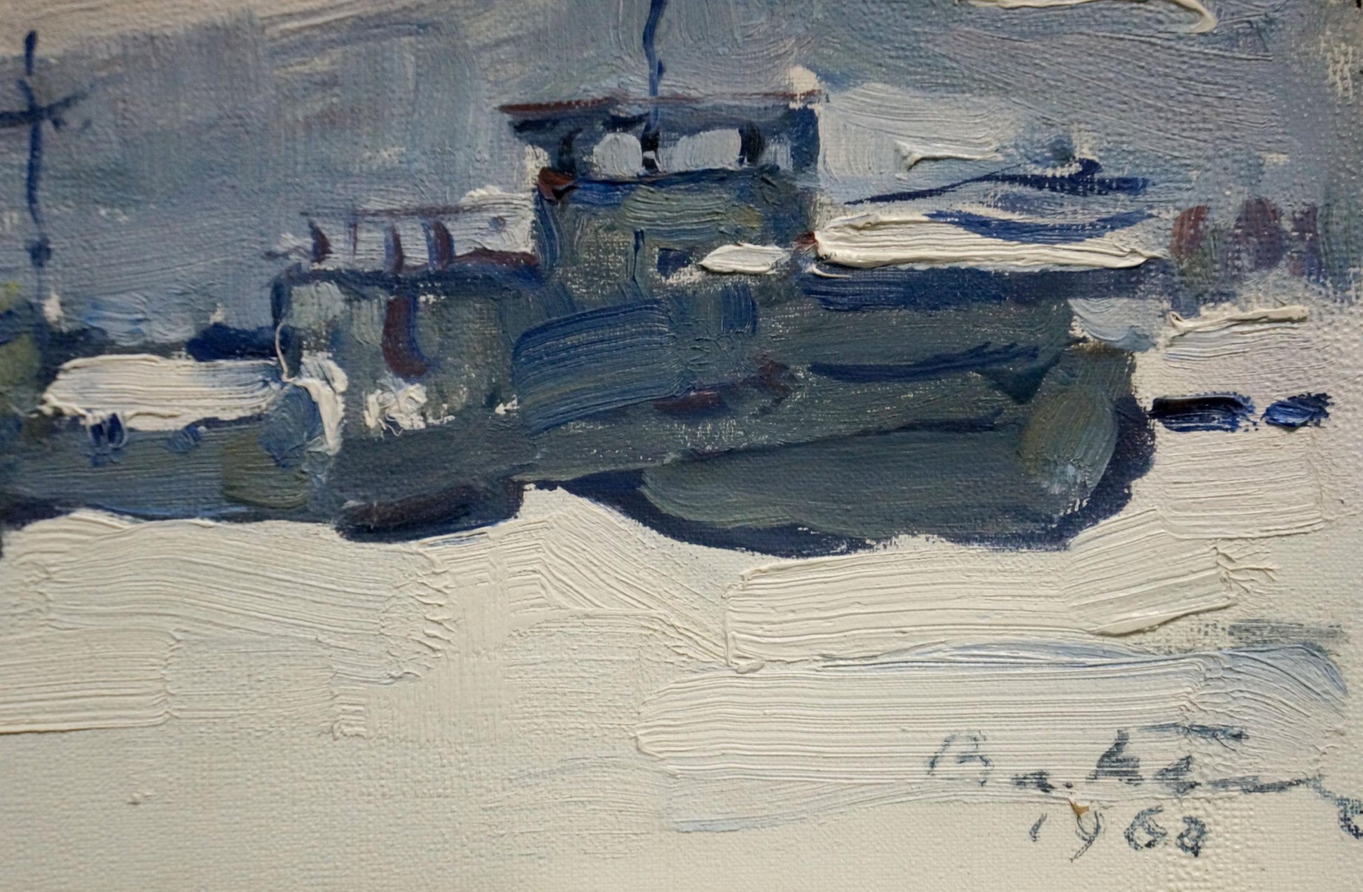 Oil painting In the port by Belyak Vladimir Iosifovich: blue gray boat on snow