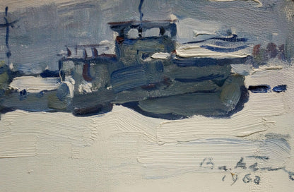 Oil painting In the port by Belyak Vladimir Iosifovich: blue gray boat on snow