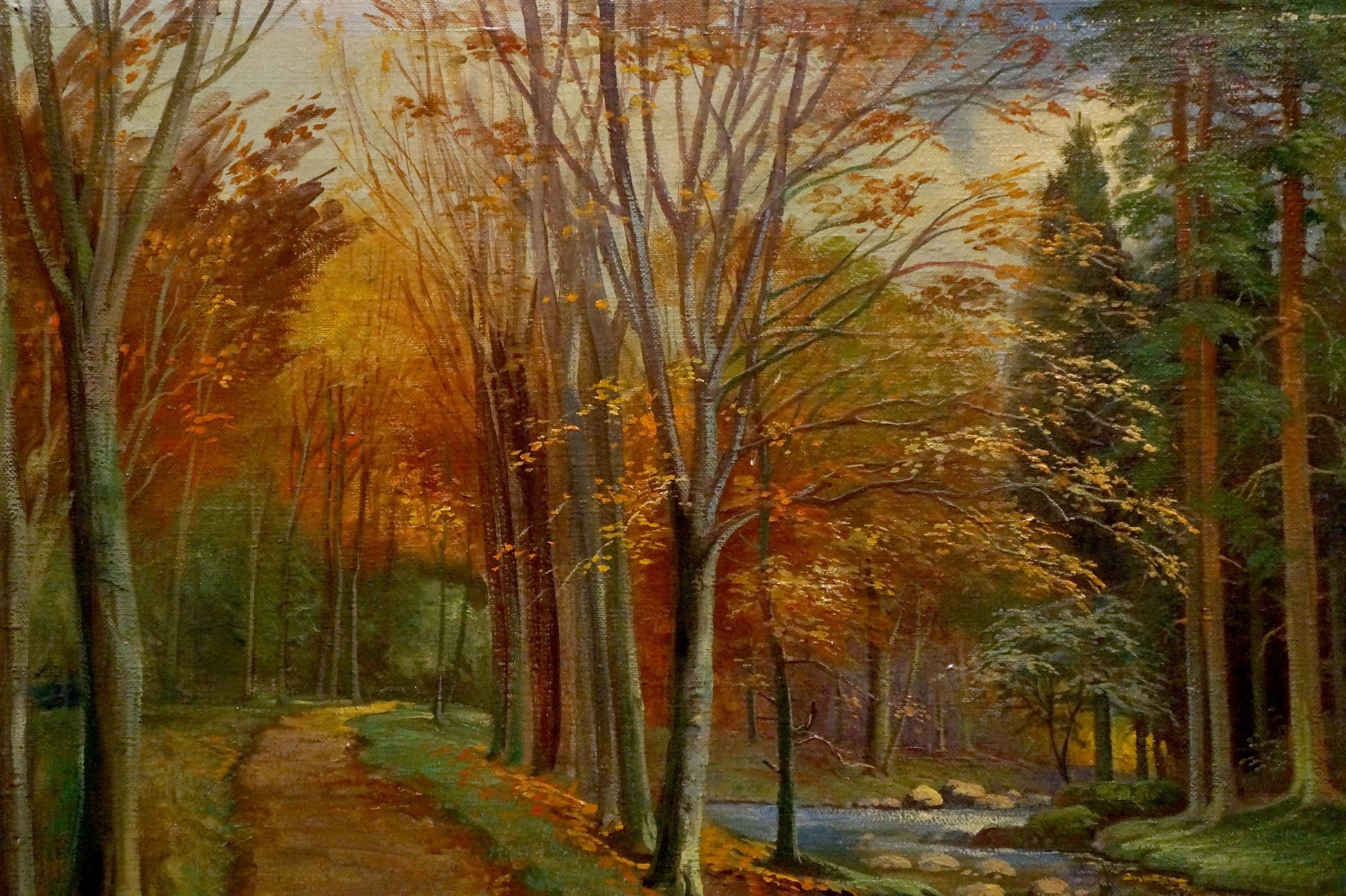 Oil painting of evening fairy forest with orange foliage, path, stream