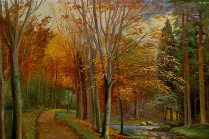 Oil painting of evening fairy forest with orange foliage, path, stream