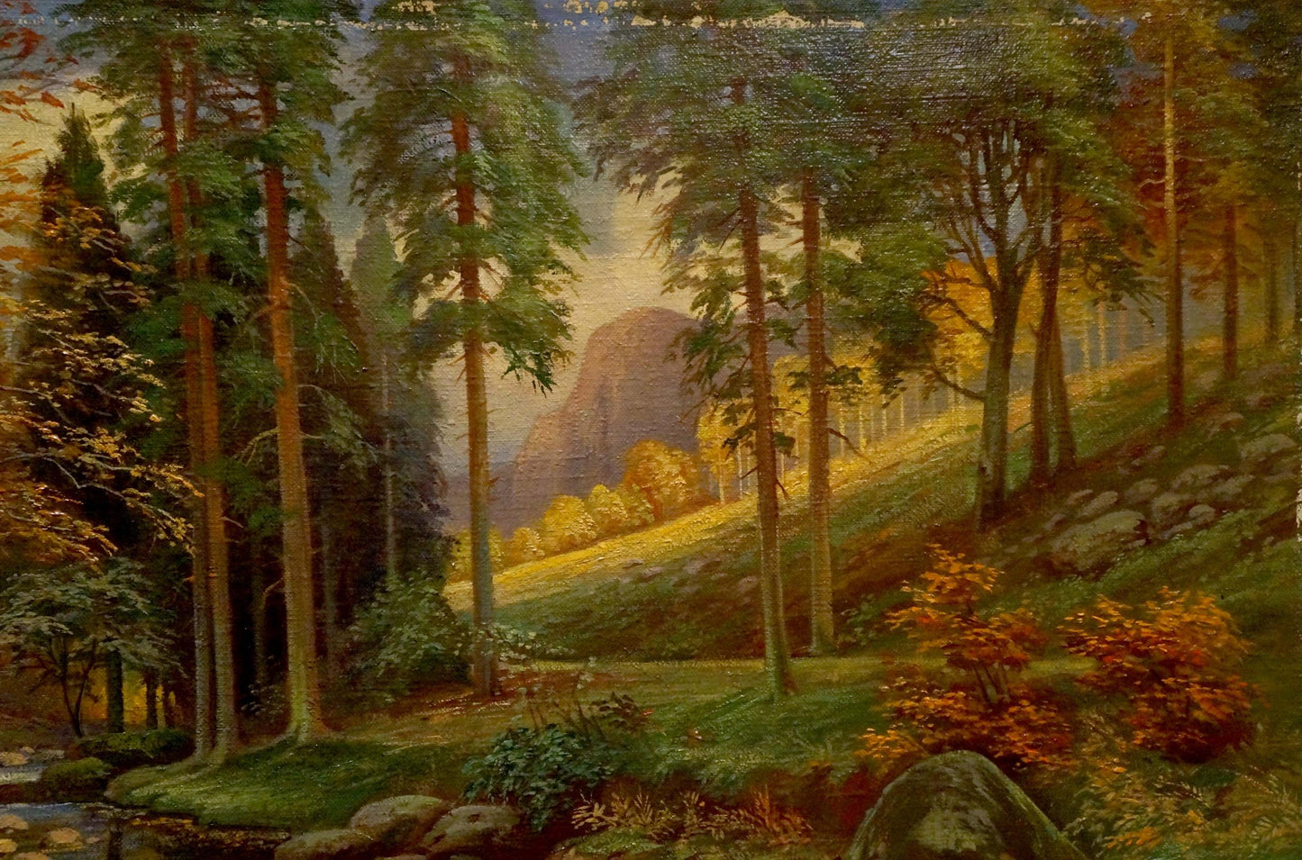 Oil painting of Evening fairy forest with autumn trees, stream, mountains