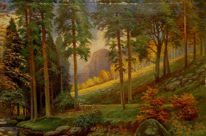 Oil painting of Evening fairy forest with autumn trees, stream, mountains
