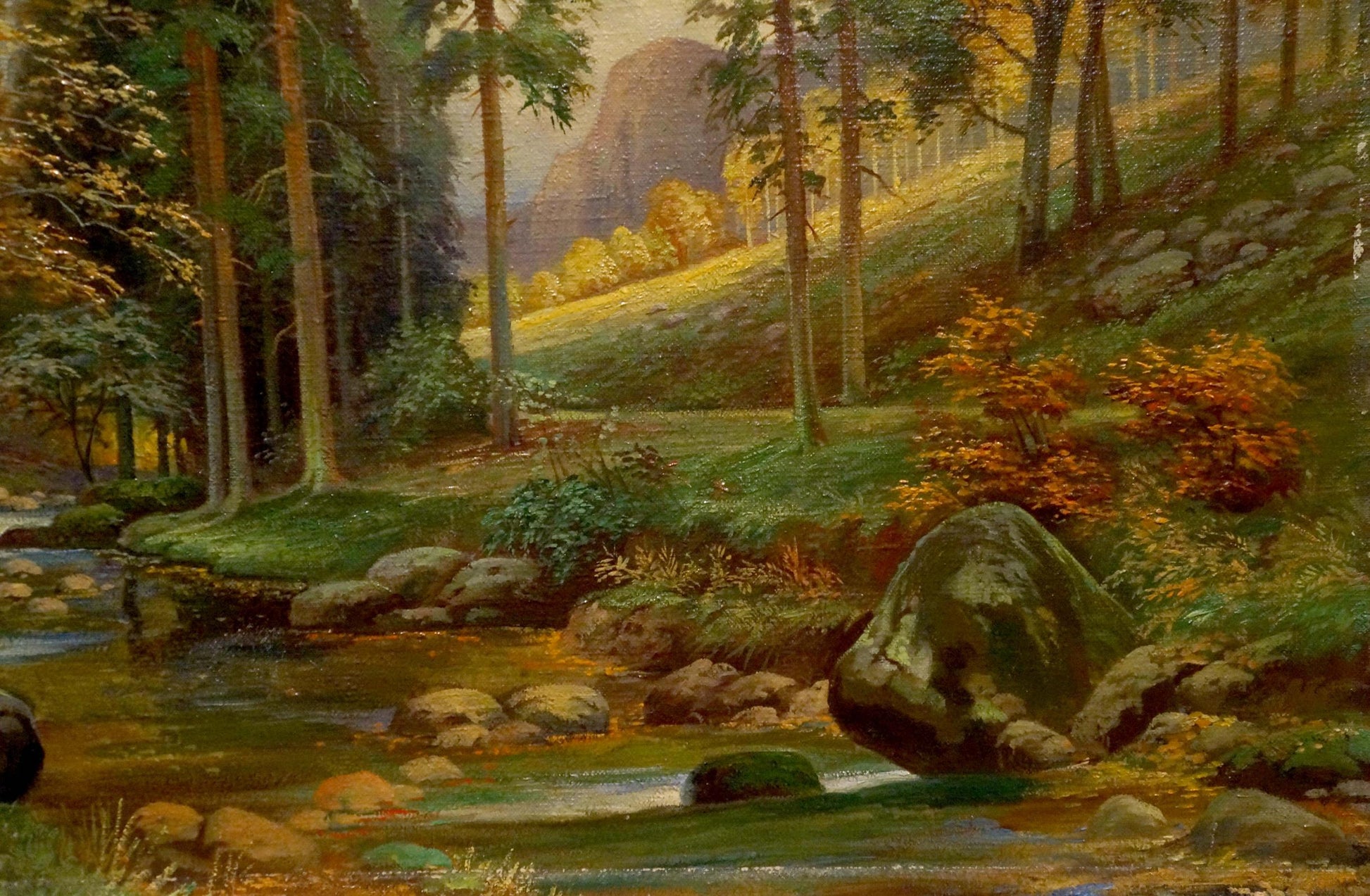 Oil painting Evening fairy forest with serene stream, autumn trees, mossy rocks
