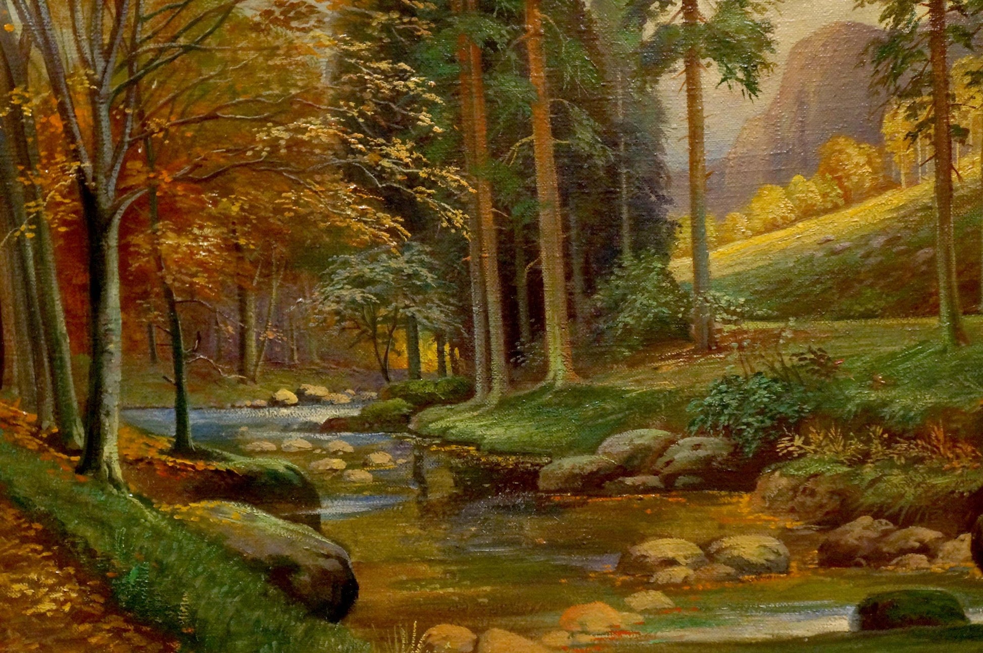 Oil painting of Evening fairy forest: serene autumn scene with golden hues, stream