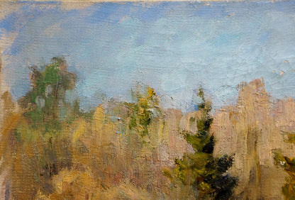 Oil painting End of Winter by Alexander Mynka: green foliage, blue sky
