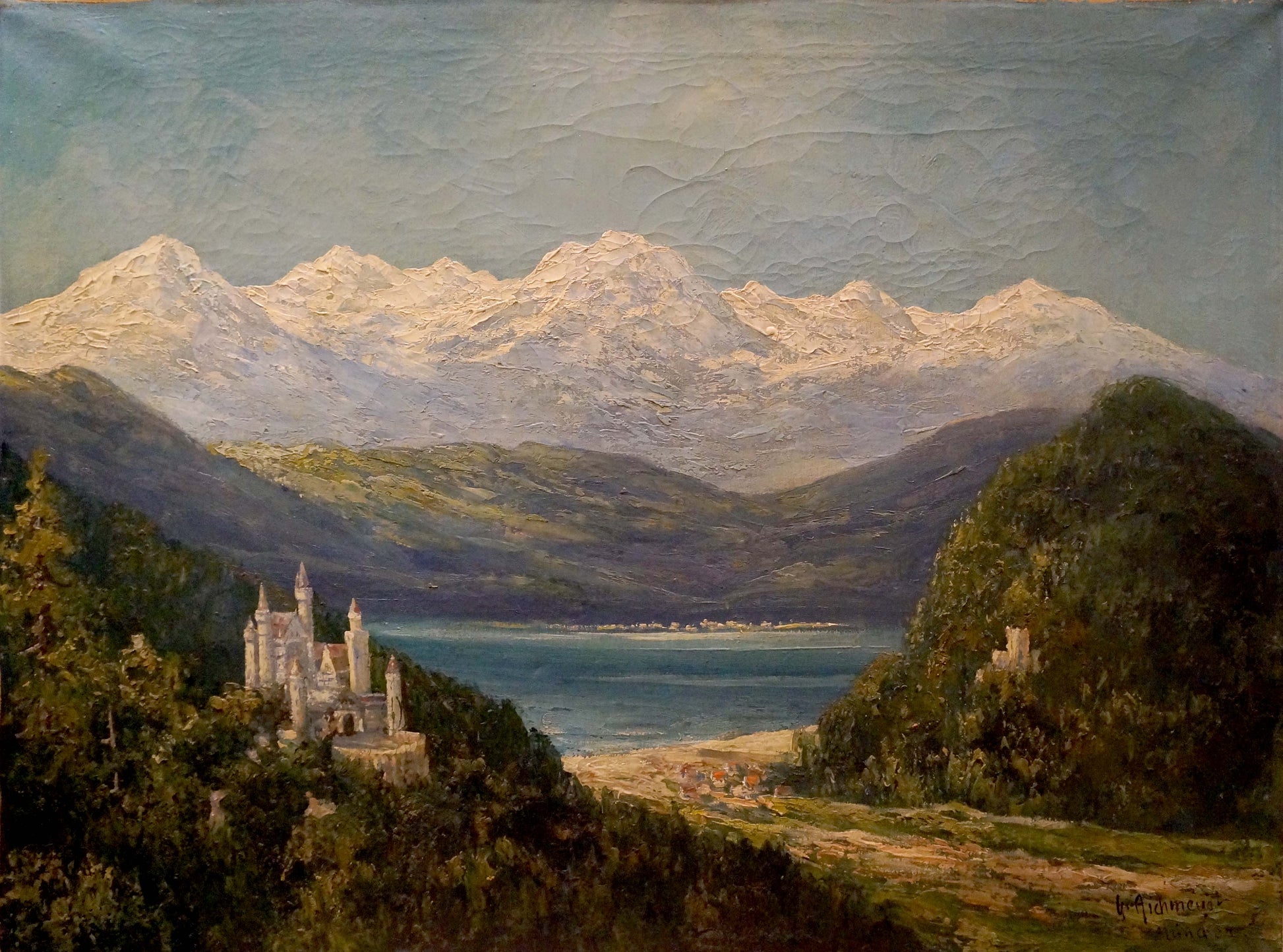 Oil painting of white stone castle in green hills with lake and mountains