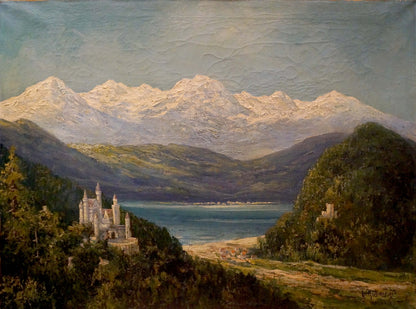 Oil painting of white stone castle in green hills with lake and mountains