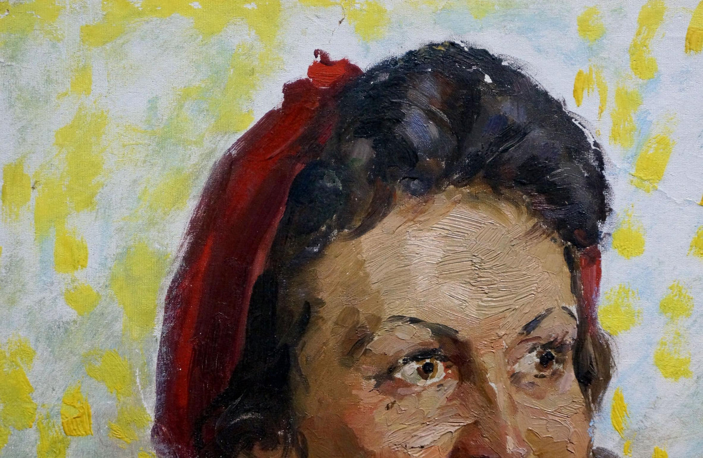 Oil painting portrait of woman in red beret by Sakhnenko Viktor Ivanovich