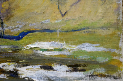 Oil painting End of Winter by Alexander Mynka with yellow green blue textured brushstrokes