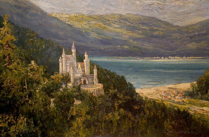 Oil painting of white stone castle with turrets on hillside by lake