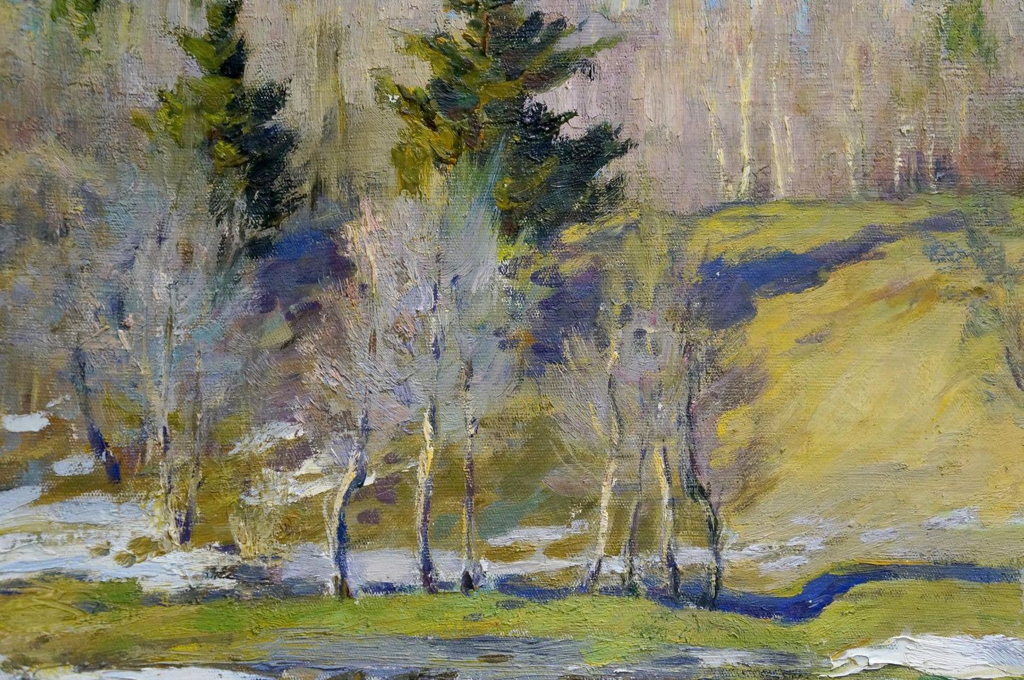 Oil painting End of Winter by Alexander Mynka: impressionist birch forest