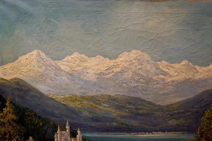 Oil painting of majestic snow-capped mountains and castle valley