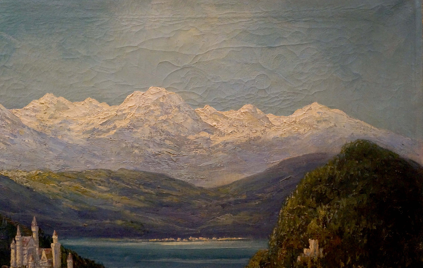 Oil painting of castle on serene lake with snow-capped mountains