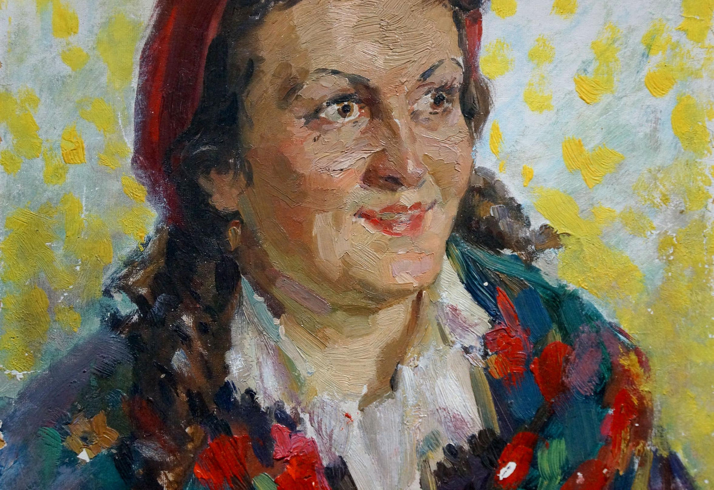 Oil painting portrait of woman in red headscarf by Sakhnenko Viktor Ivanovich
