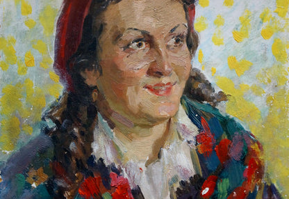 Oil painting portrait of woman in red headscarf by Sakhnenko Viktor Ivanovich
