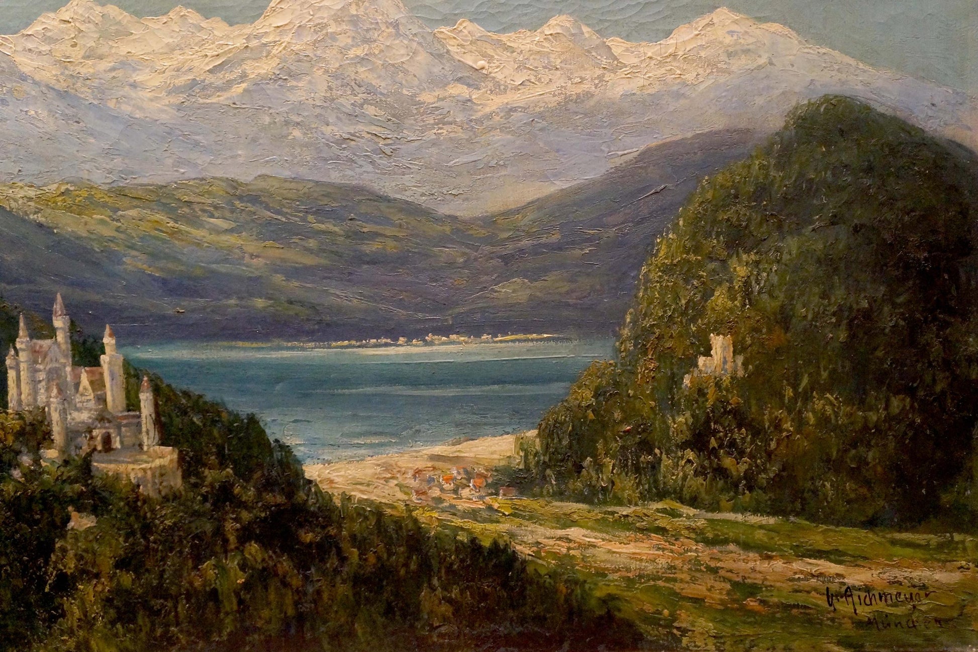 Oil painting of white stone castle on hillside over serene blue lake
