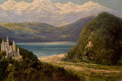 Oil painting of white stone castle on hillside over serene blue lake