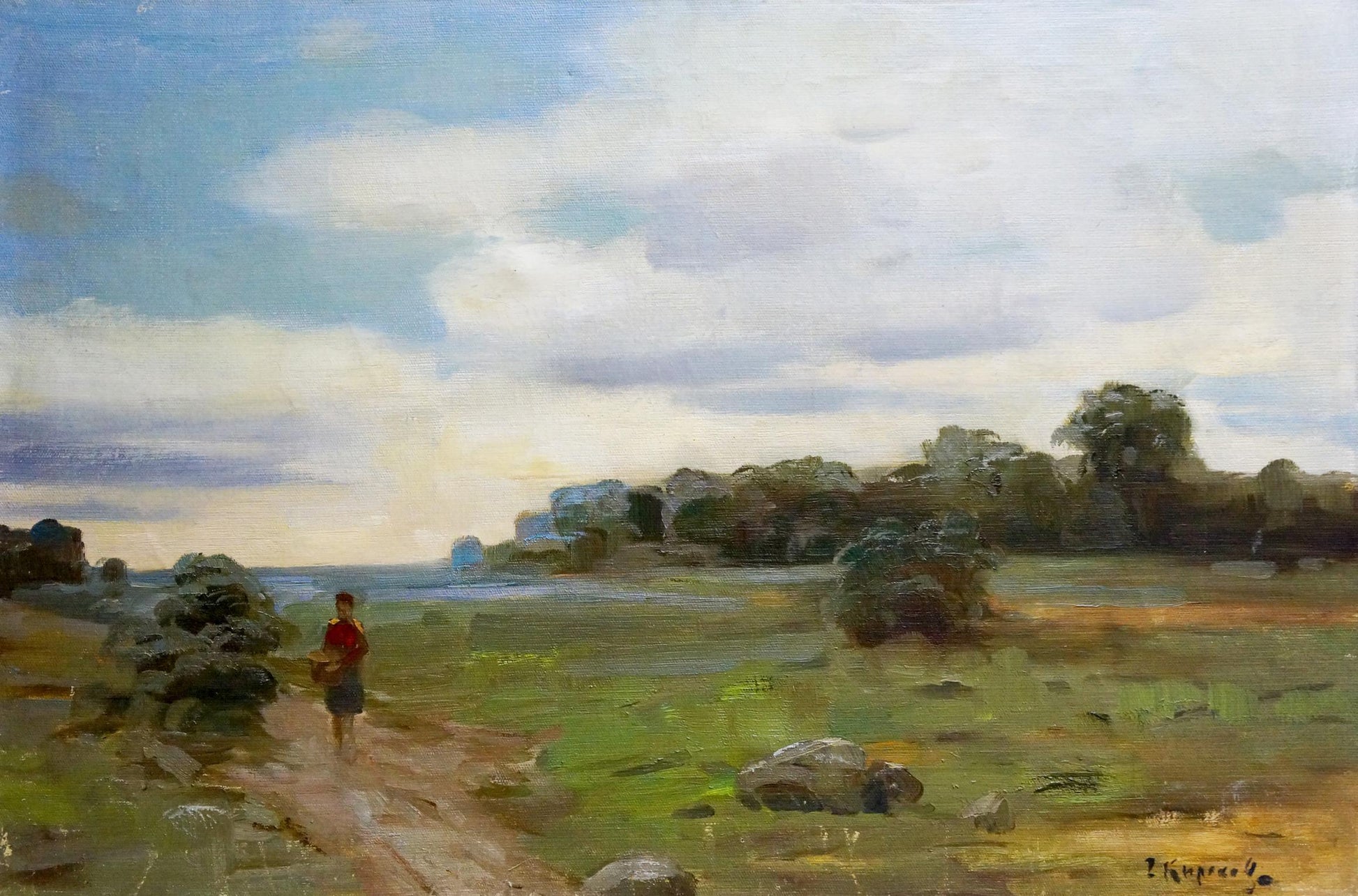 Serene oil painting by Kirakozov Gerasim Artemovich: lone red figure on path through lush field