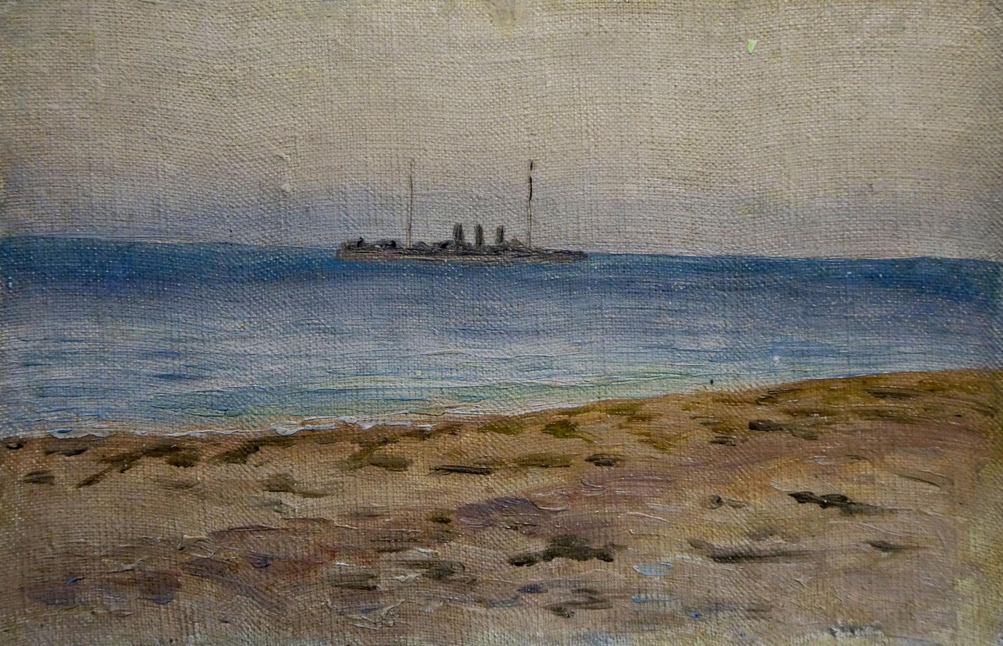 Oil painting seascape with distant dark-hulled ship, unknown artist