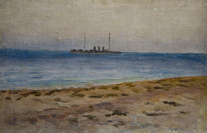 Oil painting seascape with distant dark-hulled ship, unknown artist