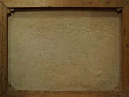 Back of wooden-framed Oil painting Castle landscape canvas with staples