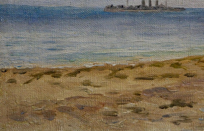 Oil painting of seascape with distant dark-hulled ship on textured blue sea