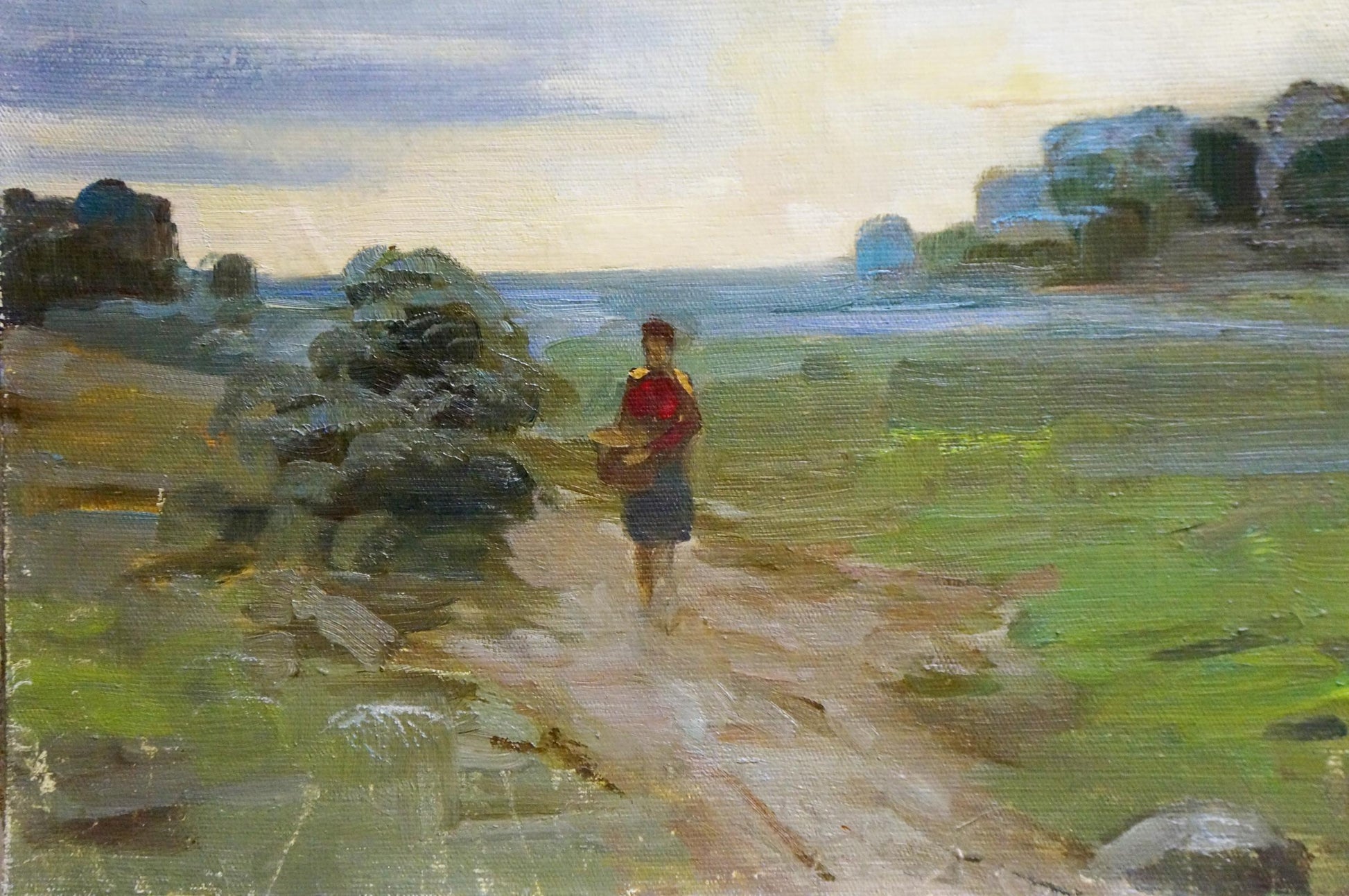Oil painting by Kirakozov Gerasim Artemovich: woman with basket on village path