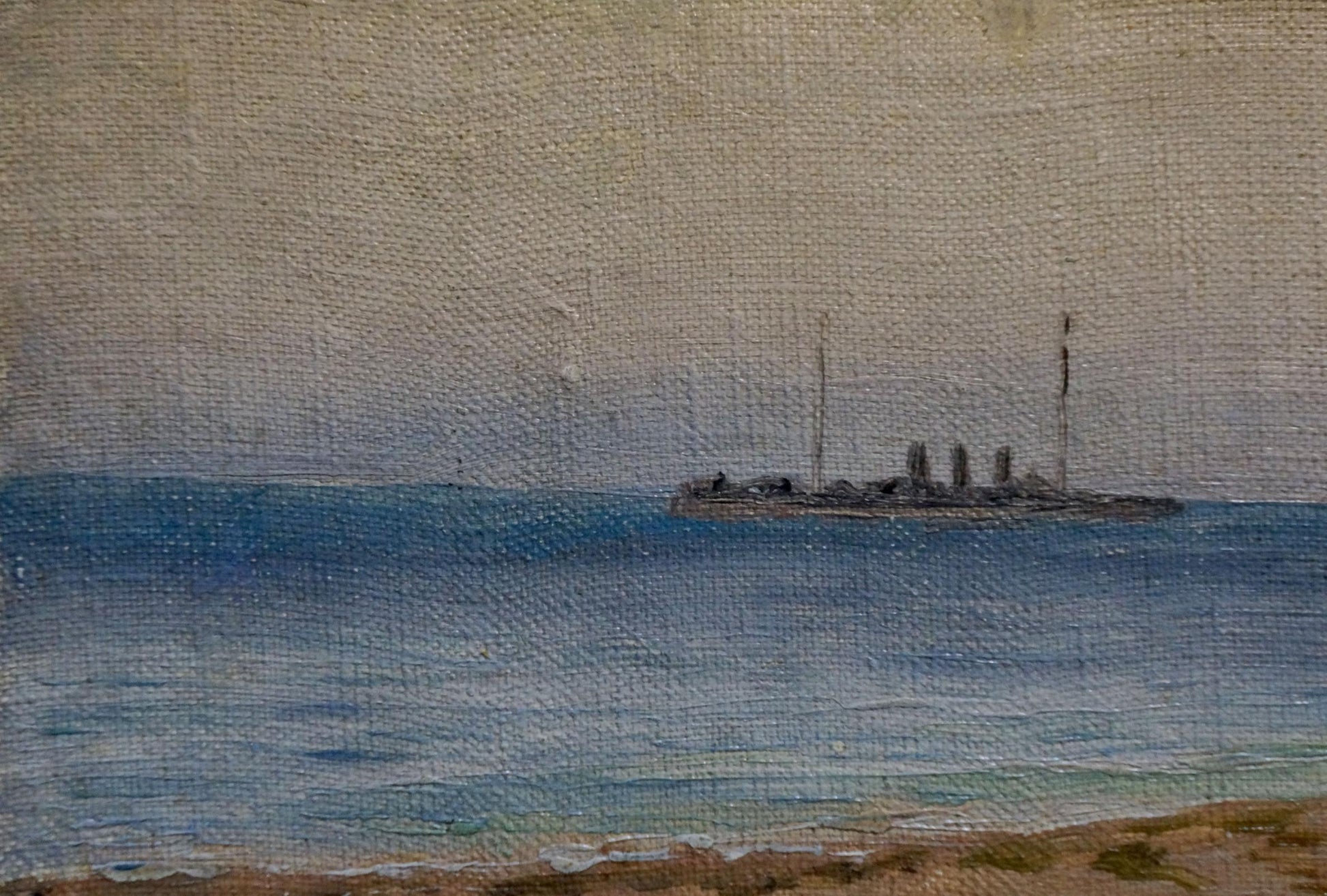 Impressionistic oil painting of muted gray naval ship with three smokestacks on canvas
