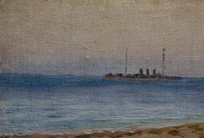 Impressionistic oil painting of muted gray naval ship with three smokestacks on canvas