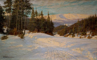 Oil painting of snow-covered mountain landscape by Paul Weimann