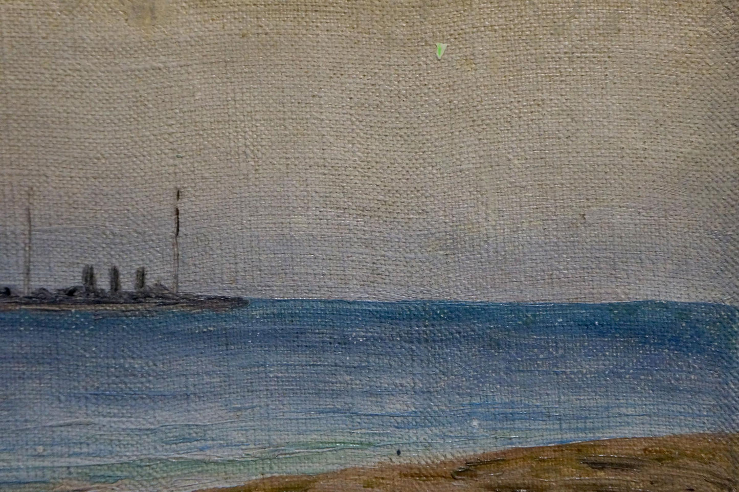 Impressionistic oil painting of muted blue seascape with ship, unknown artist