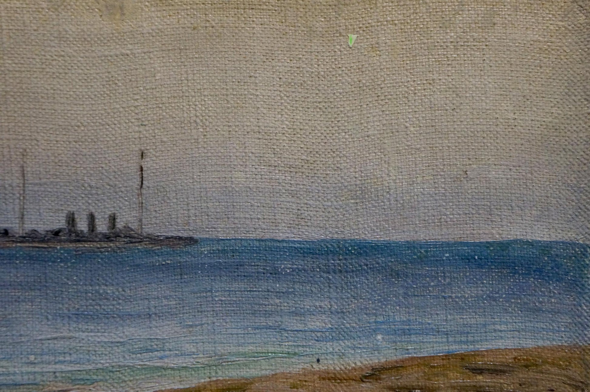 Impressionistic oil painting of muted blue seascape with ship, unknown artist