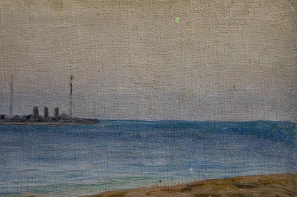 Impressionistic oil painting of muted blue seascape with ship, unknown artist