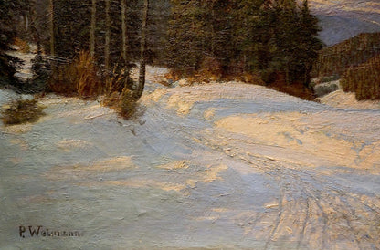 Oil painting of snowy forest path by Paul Weimann winter landscape