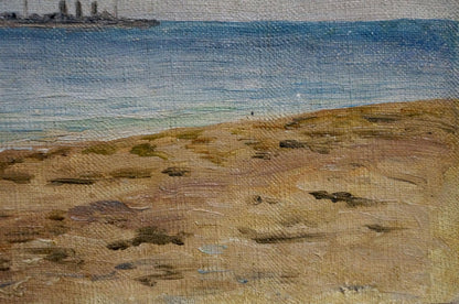 Oil painting seascape with ship on textured sandy beach, impressionistic style
