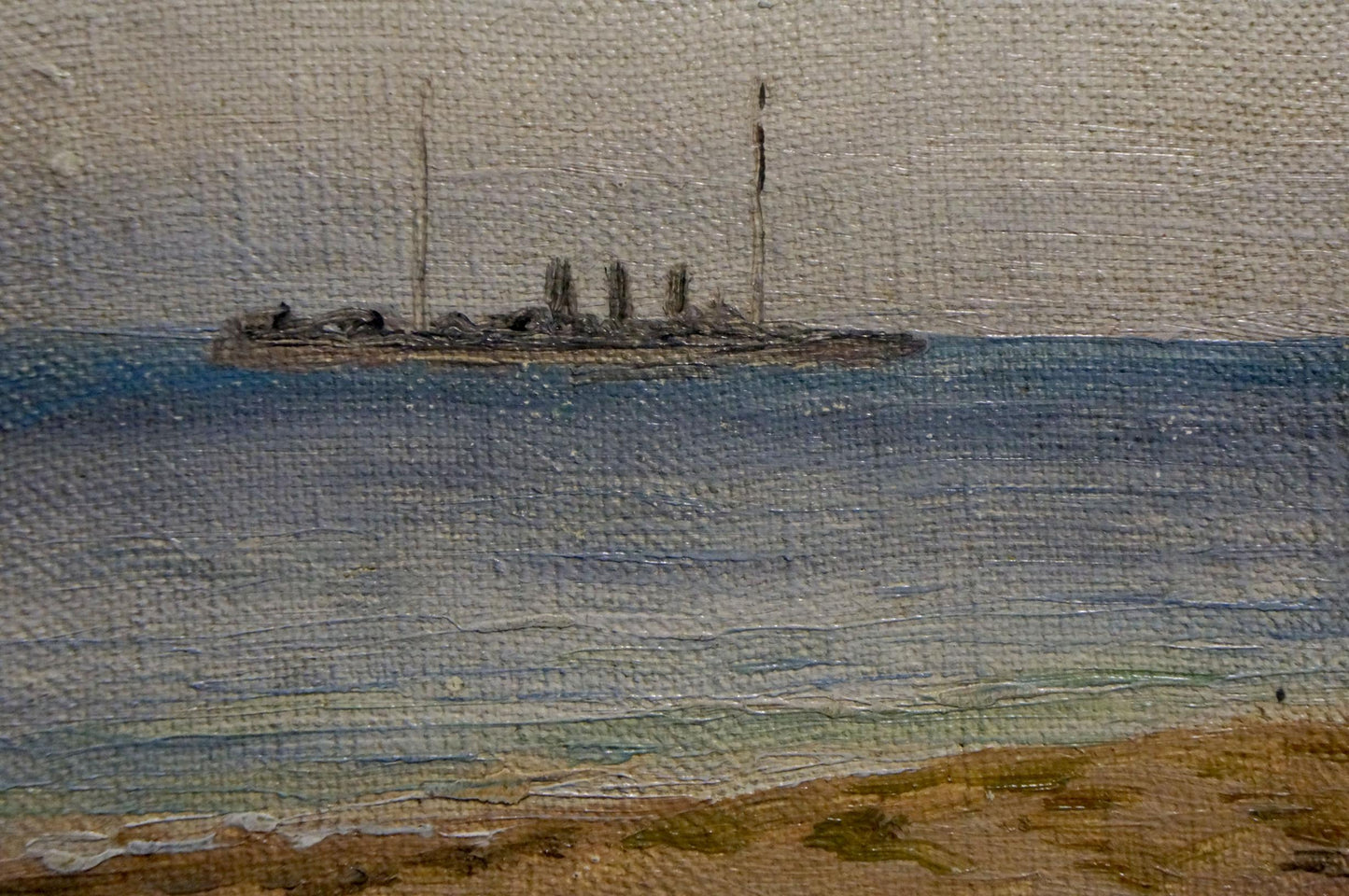 Muted gray oil painting of vintage steamship seascape by unknown artist