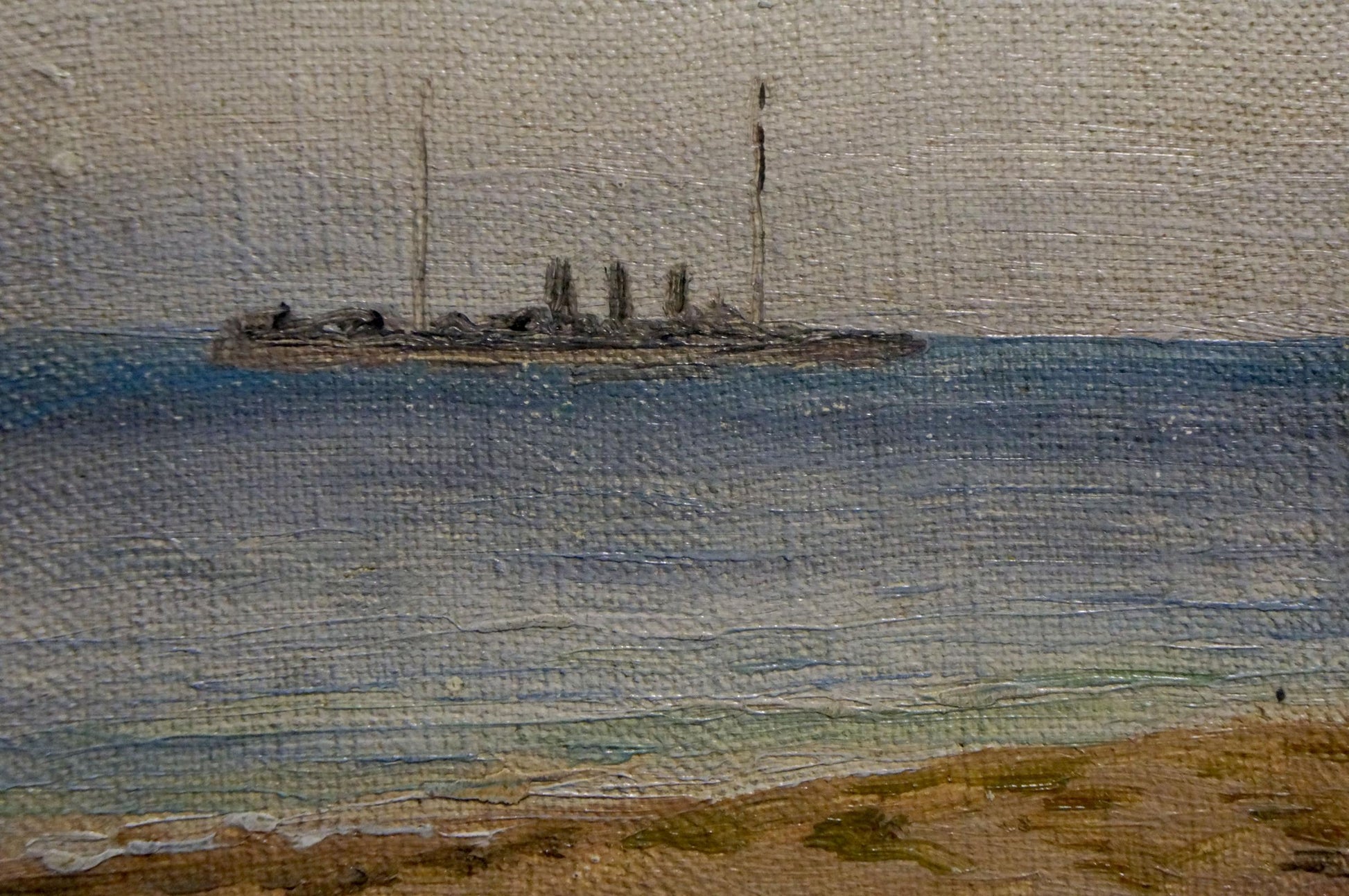 Muted gray oil painting of vintage steamship seascape by unknown artist