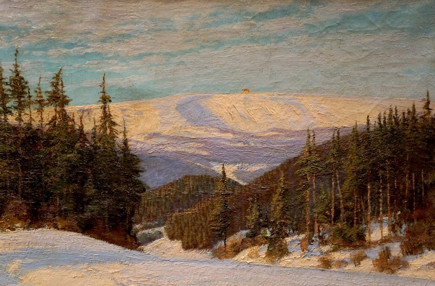 Oil painting of snow-capped peak with structure by Paul Weimann