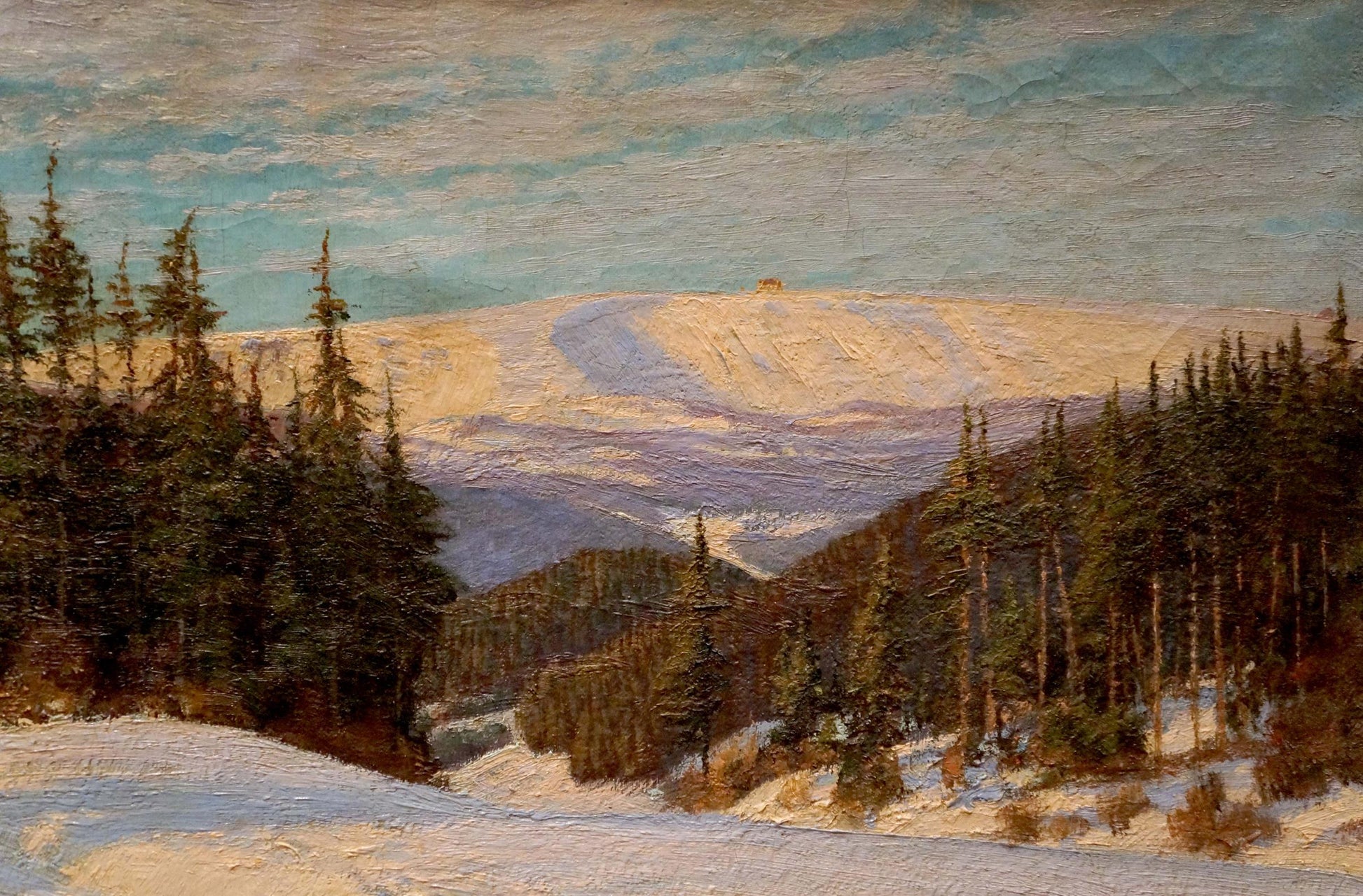 Oil painting of snow-capped peak with structure by Paul Weimann