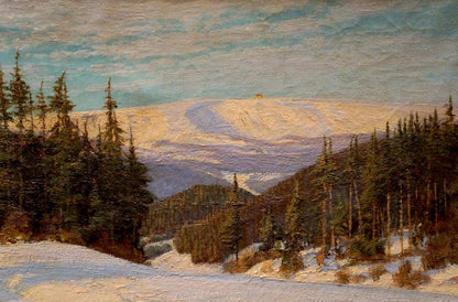 Oil painting of snow-capped peak with structure by Paul Weimann